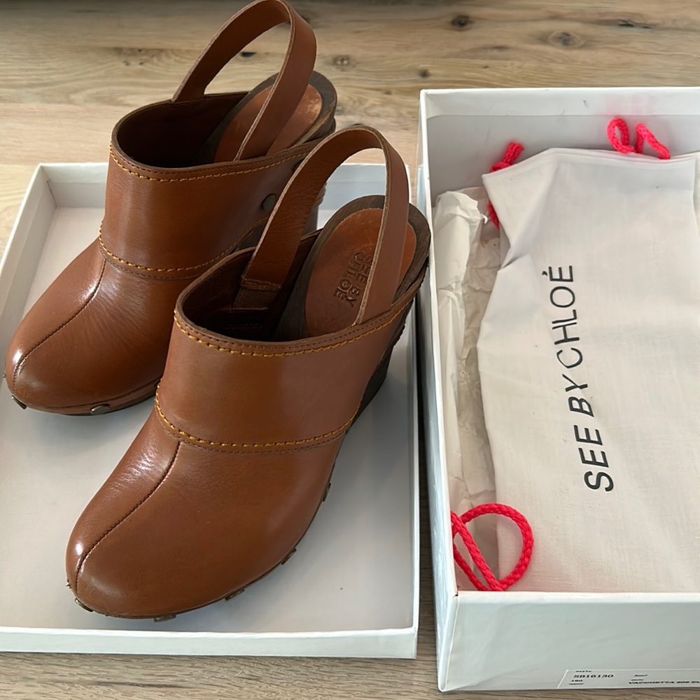 See By Chloe Women's Brown Leather Slingback Clogs